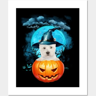 West Highland White Terrier Witch Hat Pumpkin And Blue Moon Posters and Art